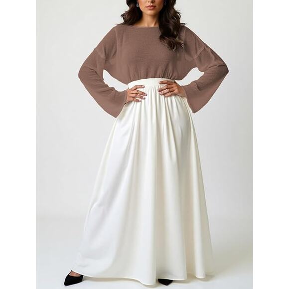 Womens Cocoa Brown Sheer Knit Minimalist Boho Bell Sleeve Oversized Sweater LRG - Picture 3 of 7